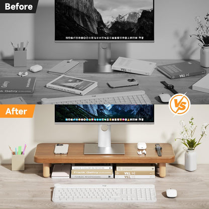 Monitor Stand Riser, 24 Inch Wood Desk Organizer with Monitor Stand & Storage Computer Monitor and Laptop Riser Multifunctional Laptop Stand Desk Organizer for Office Home Screen/Laptop/PC (Light Walnut)