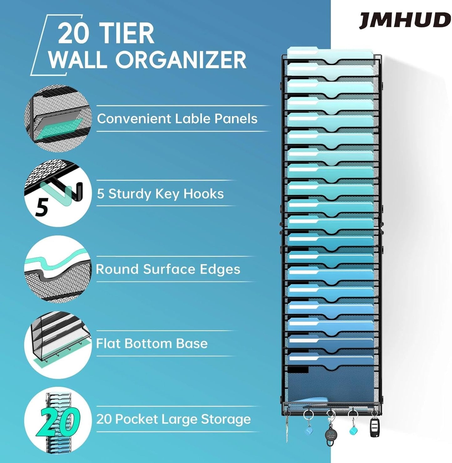 5 Tier Wall File Organizer - Hanging File Organizer with 5 Hooks, Mail Holder Wall Mounted for Papers, Folders, Magazines, Bills, Office&School Organization, Black