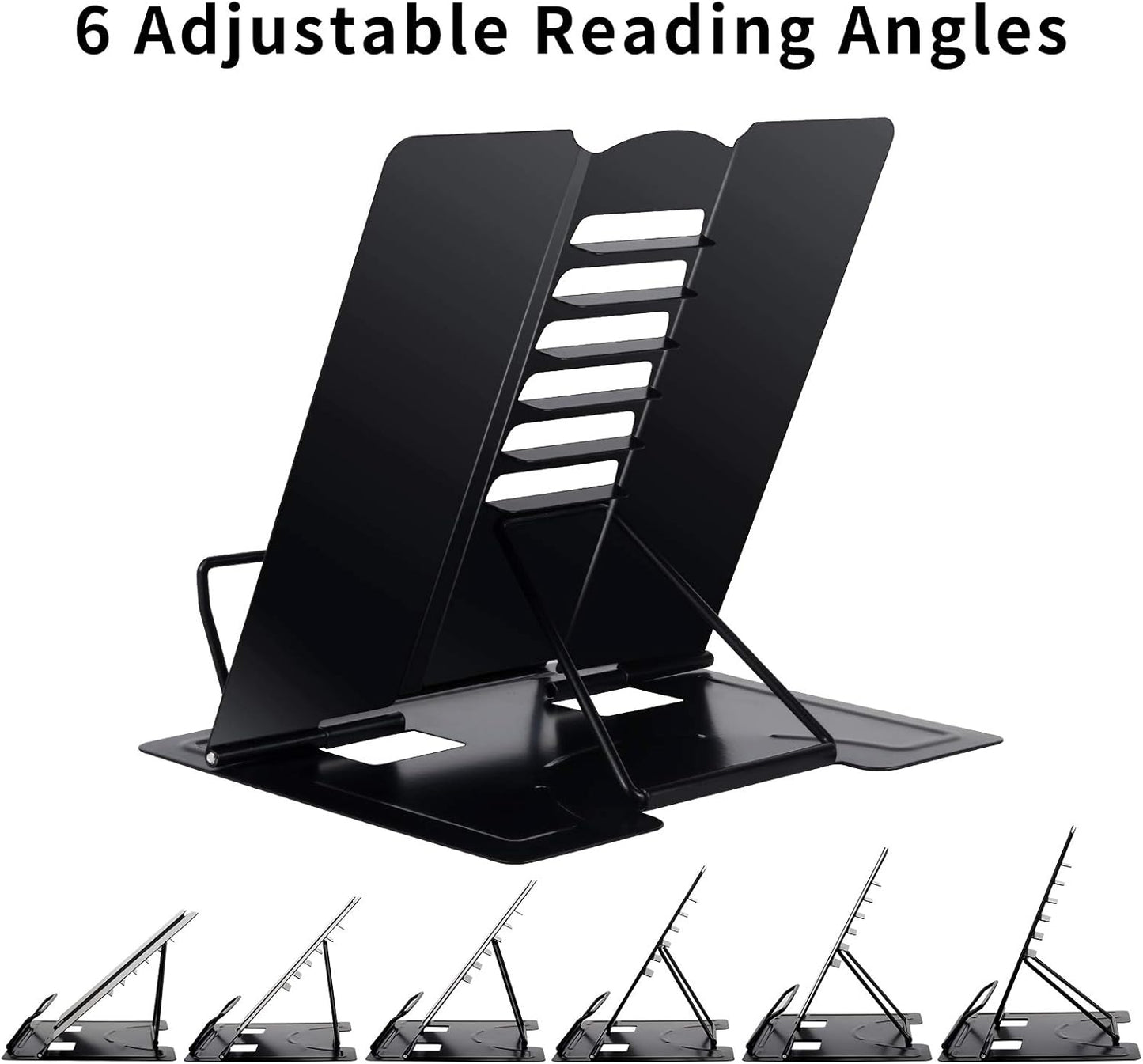 Blizzow Desk Book Stand Holder - Hands Free, Adjustable Metal Stand, Foldable Portable for Cookbook, Recipe, Tablet, Music, Documents (Black)