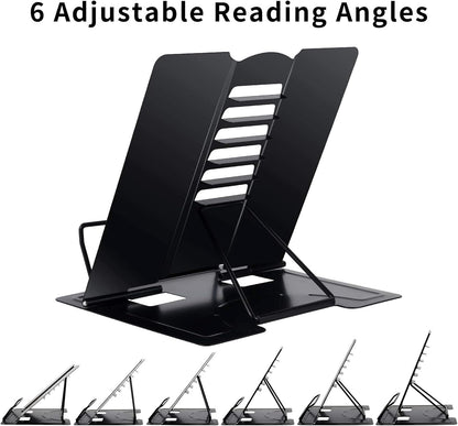 Blizzow Desk Book Stand Holder - Hands Free, Adjustable Metal Stand, Foldable Portable for Cookbook, Recipe, Tablet, Music, Documents (Black)