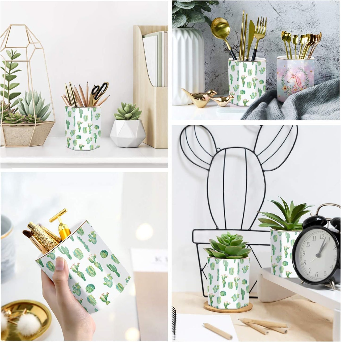 WAVEYU Ceramic Pen Holder for Desk Cute, Pencil Cup Pot Desk Organizer, Makeup Brush Holder for Women, Men, Kids, Desk Marble Decor for Office, Classroom, Home, Gray Golden