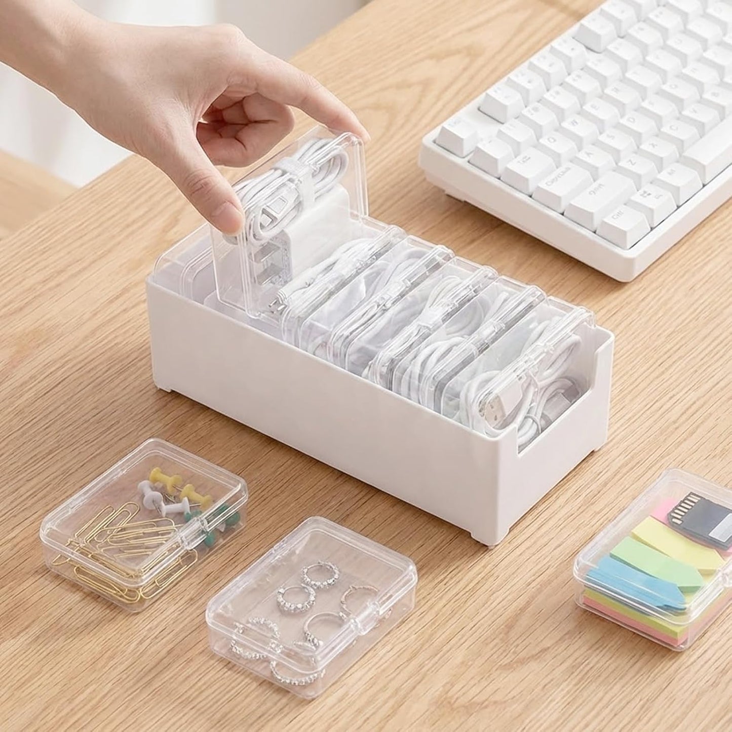 3 PCS Cable Organizer Box with 7 Clear Switch Case, Charger Cord Organizer Box for Home Office Desk Storage Accessories