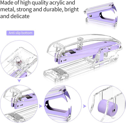Office Supplies Set Desk Accessory Kit, Acrylic Stapler Set Staple Remover, Tape Dispenser, Binder Clips, Paper Clips, Ballpoint Pen and Scissor with 1000 Pieces 26/6 Staples (Silver)