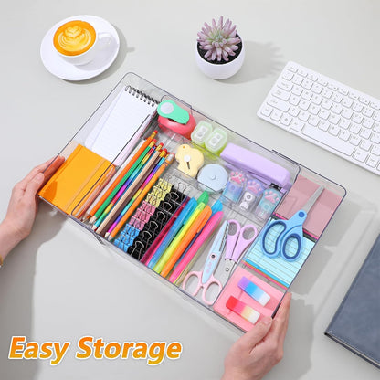 2 Pcs Large Expandable Desk Drawer Organizer, Adjustable Drawer Dividers Tray with Compartments for Organizing Pens, Pencils, Paper Clips and Sticky Notes, Office, Kitchen, Desk Supplies