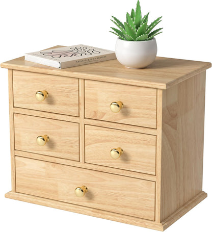 Oak Desk Organizer with Drawers, Durable Wooden Desktop Storage Box with Metal Handles & Non-Slip Silicone Pads, 4 Drawer Tabletop Organizer for Office, Bedroom, Bathroom, Vanity, and Makeup – Walnut