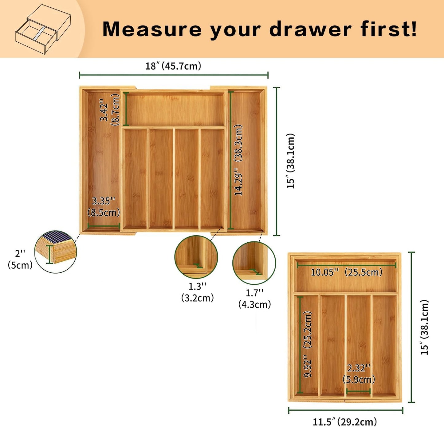Utoplike Bamboo Expandable Kitchen Drawer Organizer, Adjustable Utensil Holder and Cutlery Tray Organiser, Drawer Divider for Silverware, Flatware, Knives in Kitchen, Bedroom, Living Room, 5 Slot