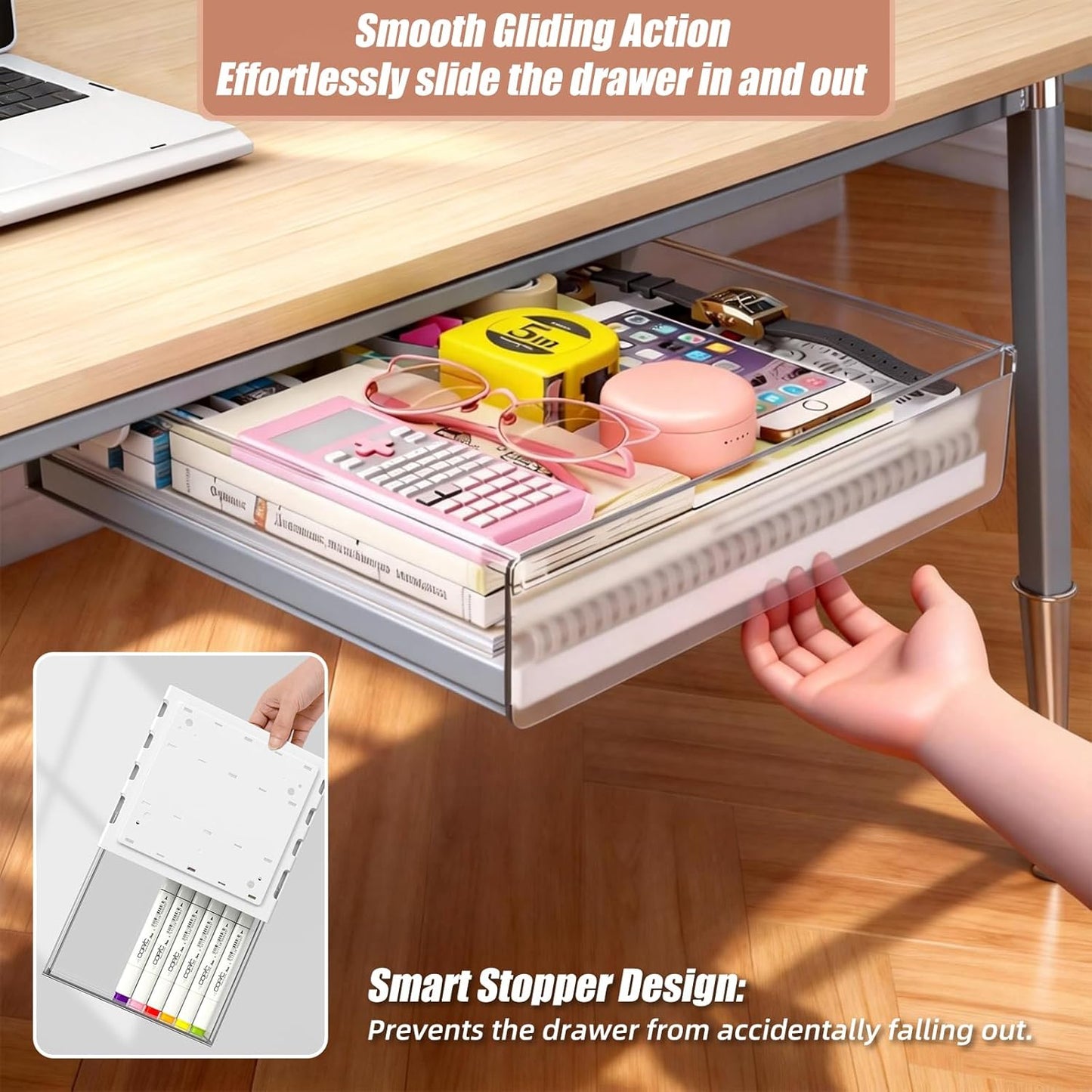 TooCust 3 Pack Under Desk Drawer Slide Out Storage Organizer, Clear White 3 Sizes (S/M/L), Dual-Mount Hidden Table Tray for Tablets, Planners & Office Supplies