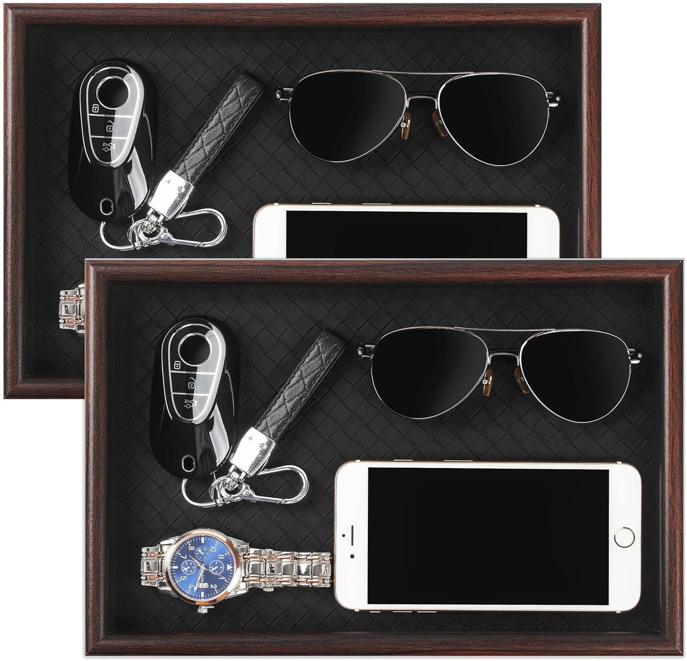 Zosenley Wooden Valet Tray with Leather Base - Nightstand Catchall Organizer for Cologne, Perfume, Keys, Wallet, Phone, Watch, Jewelry & Sunglasses (Black)