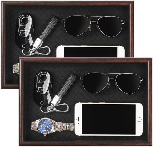 Zosenley Wooden Valet Tray with Leather Base - Nightstand Catchall Organizer for Cologne, Perfume, Keys, Wallet, Phone, Watch, Jewelry & Sunglasses (Black)