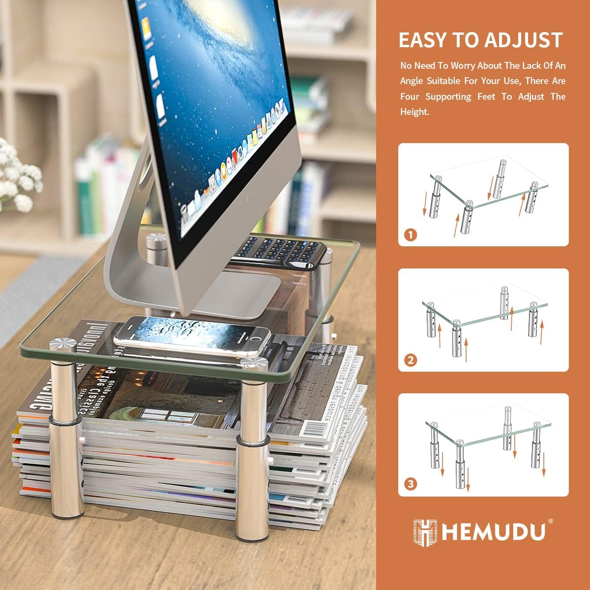 Hemudu Monitor Stand Riser, 3 Height Adjustable Laptop Stand Riser, Monitor Stand Riser for PC, Computer, Laptop Clear
