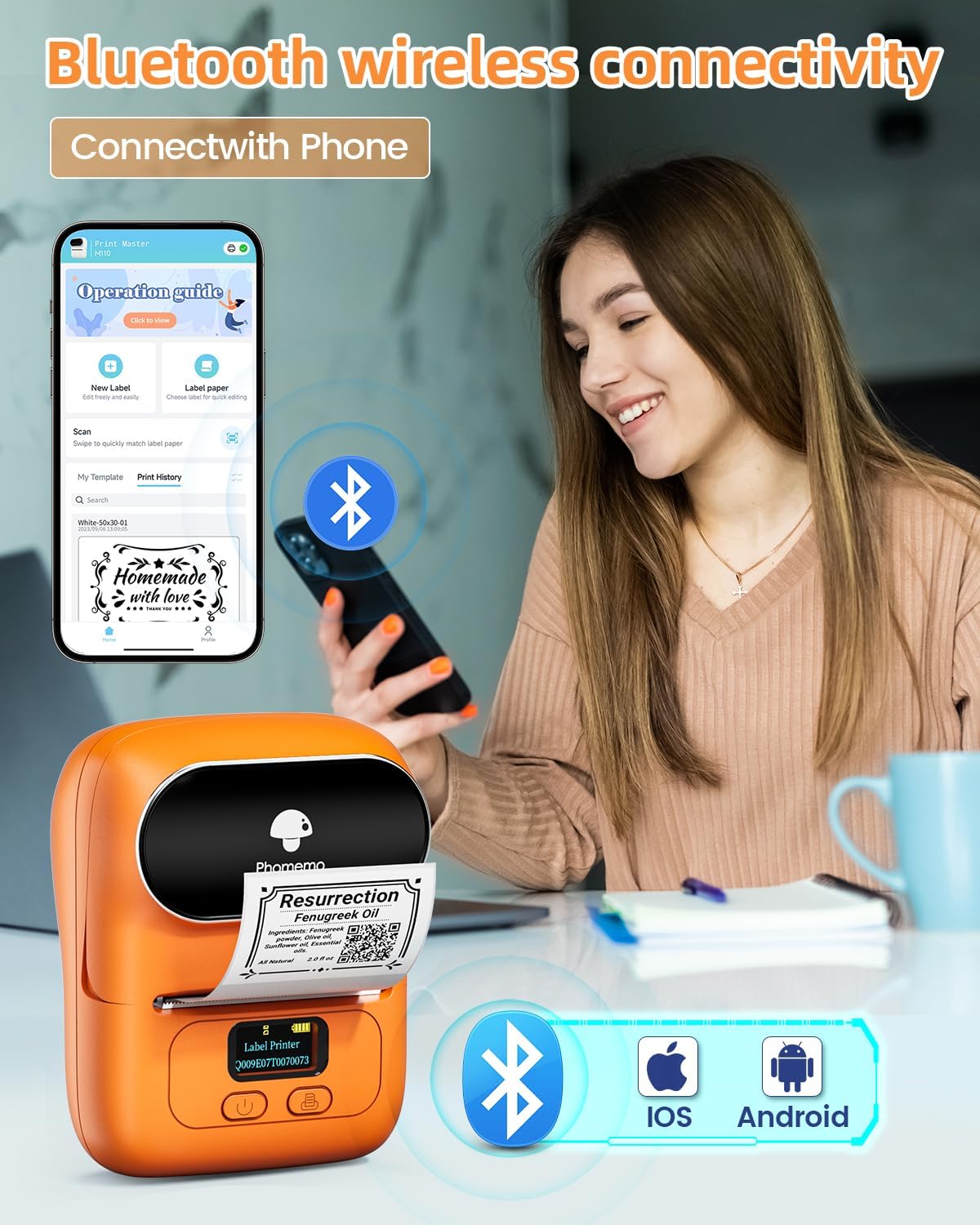 Phomemo M110 Label Makers - Barcode Label Printer Bluetooth Label Maker Portable Thermal Printer for Small Business, Address, Barcode, Logo, Clothing, Mailing, Sticker Printers for Phone & PC, Black