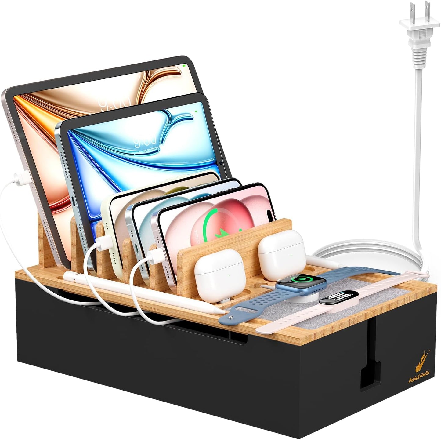 Pezin & Hulin Bamboo Charging Station for Multiple Devices, USB Charger Dock Organizer, with Power Supply (10 Ports HUB), 6 Cables, Cable Management Organizer for Cell Phones, Tablets -Natural+White