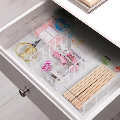 Briwooody Acrylic Drawer Organizer Clear Desk Drawer Organizer Trays with Adjustable Compartments Desk Accessories for Office Stationery Makeup Silverware Bathroom(Adjustable)