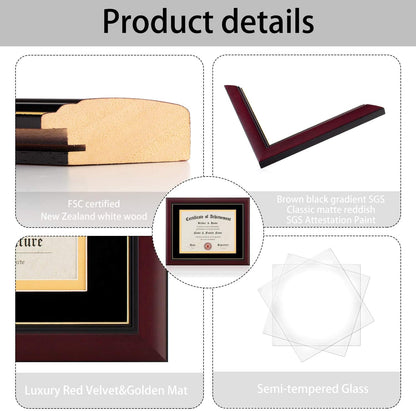 ELSKER&HOME Diploma Frame - Wide Solid Wood Frame - Black Velvet Golden Rim Mat - Semi-Tempered Glass - Includes Hanging Hardware and Desktop Easel(ONLY Display 11×14 Document/Certificate)