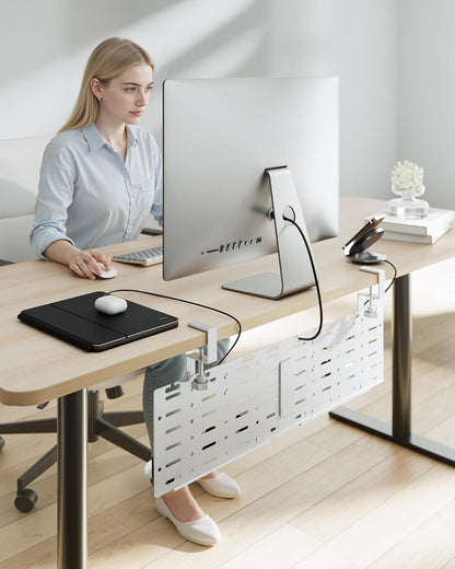 Under Desk Cable Management Tray, 30.2" Vertical Metal Pegboard Organizer for Power Strip, Cables, Clamp On Cord Organizer Rack with Hooks, Trays & Cable Straps for Home Office, White