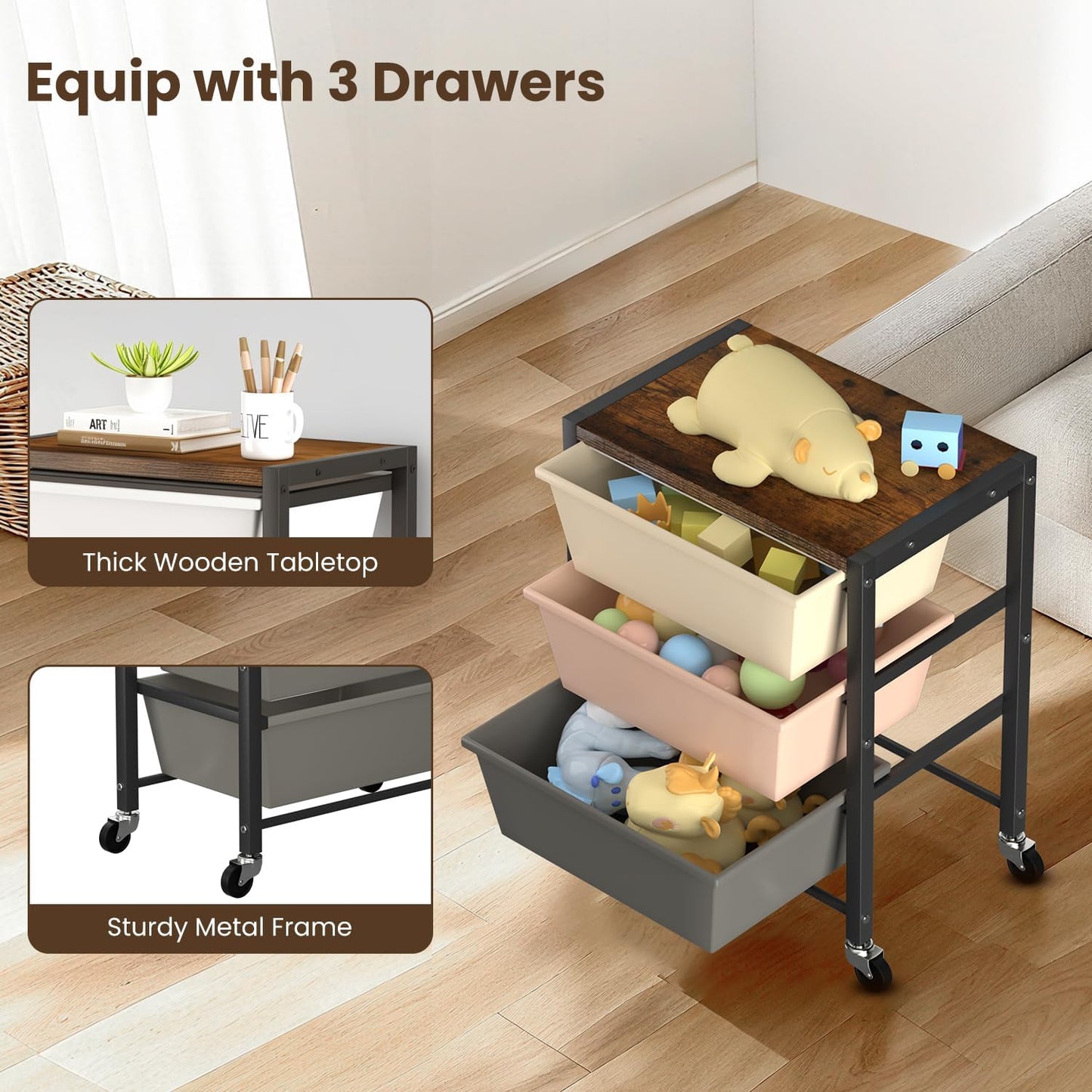 Rolling Cart with 3 Drawers, Plastic Drawer Storage Carts with Lockable Wheels & Wooden Tabletop, Metal Utility Cart Organizer, Office Bedroom Classroom Craft Organization and Storage, Bright White