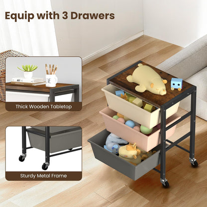 Rolling Cart with 3 Drawers, Plastic Drawer Storage Carts with Lockable Wheels & Wooden Tabletop, Metal Utility Cart Organizer, Office Bedroom Classroom Craft Organization and Storage, Bright White