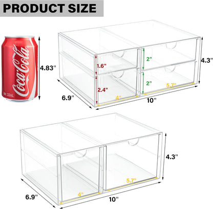 Prsildan Acrylic Makeup Organizer, 2 Pack Stackable Storage Drawers with 6 Drawers for Office Desk Vanity Craft Room Clear Drawer Organizers for Hair Accessories Art Supplies Cosmetics Modular System