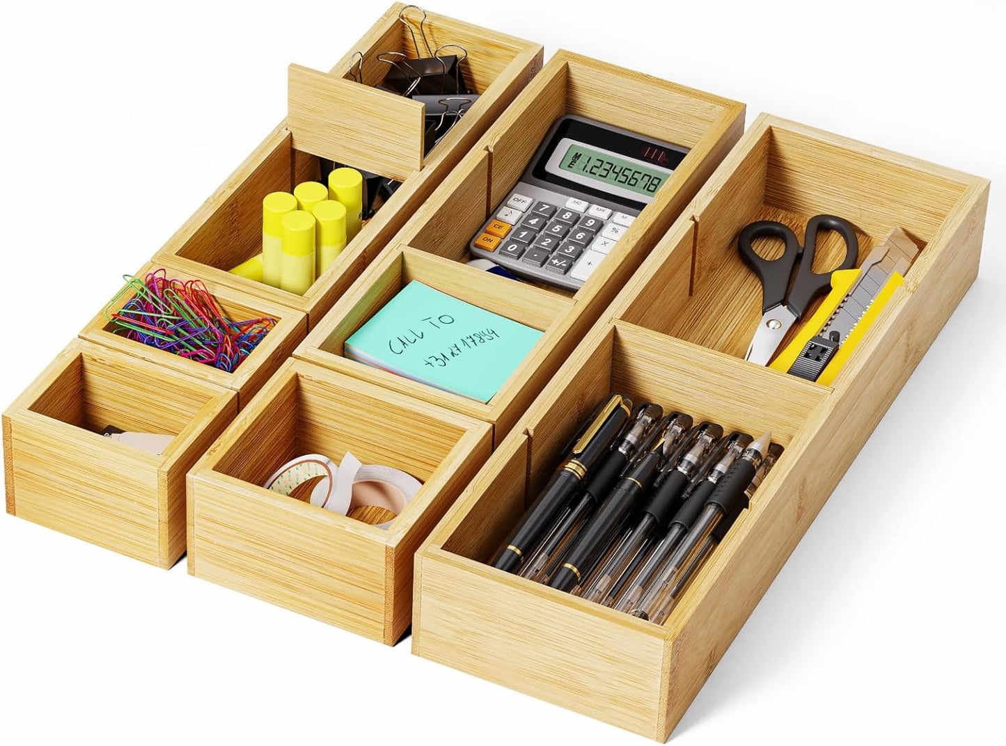 Bamboo Drawer Organizer with 9 Adjustable Compartments, Office Desk Organization Tray for Office Utensils, Supplies, Makeup, Jewelry, and More – Ideal for Desk or Drawer Storage
