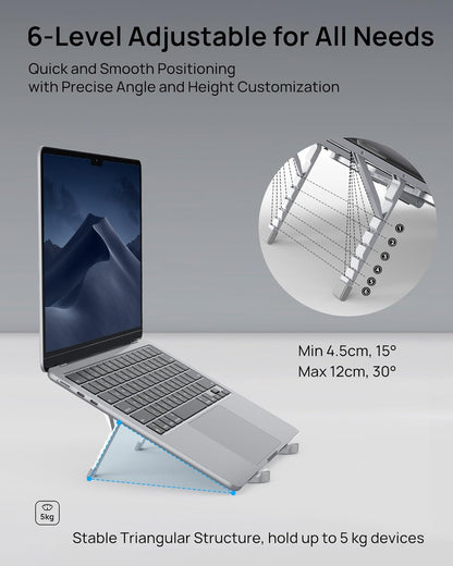 SODI [Ultra Compact] Foldable & Portable Laptop Stand for Desk, Lightweight Tablet Stand for Business Travel, Library, Cafe, 6 Level Height Ergonomic Aluminum Computer Holder for 10-16" Laptops