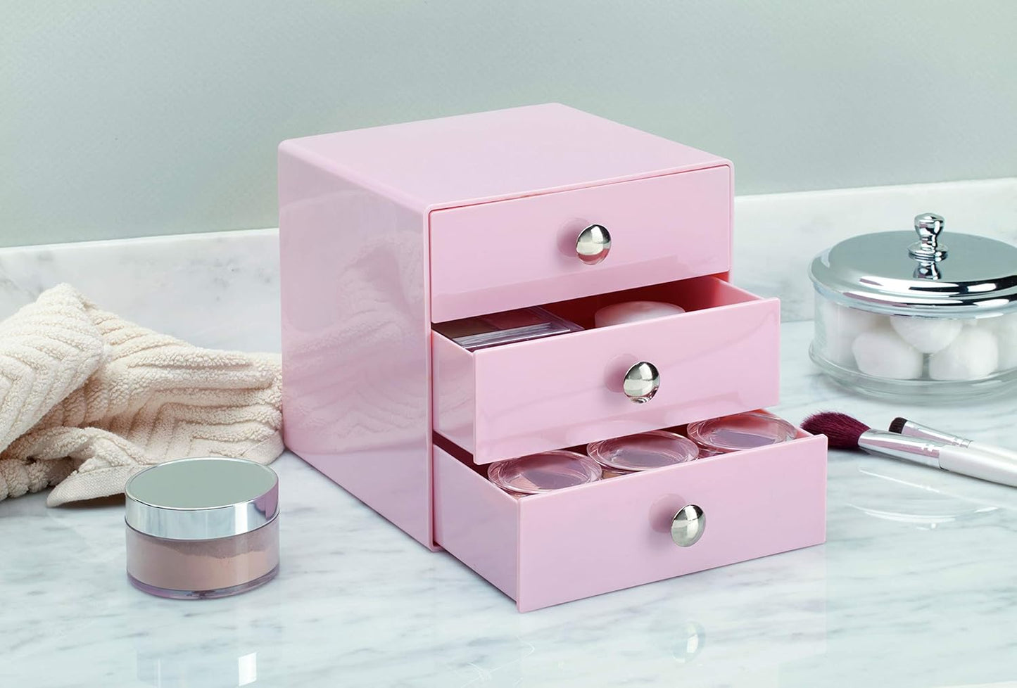 iDesign 3-Drawer Plastic Vanity Organizer, Compact Storage Organization Drawers Set for Cosmetics, Dental Supplies, Hair Care, Bathroom, Dorm, Desk, Countertop, Office, 6.5" x 6.5" x 6.5", White
