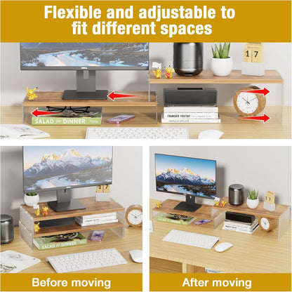 YGYQZ Adjustable Monitor Stand Riser with Acrylic Legs丨7.67" Wide Dual Monitor Stand for Desk丨2-Tier Wood Desktop Organizer for Computer, Laptop, Printer & PC丨Modern Aesthetic Desk Shelf(wood-flat)