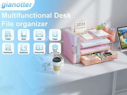 gianotter Desk Organizers and Accessories with File Holder, 4-Tier Desk Accessories & Workspace Organizers with Drawer and 2 Pen Holder, Paper Organizer for Office Supplies (Rose Gold)