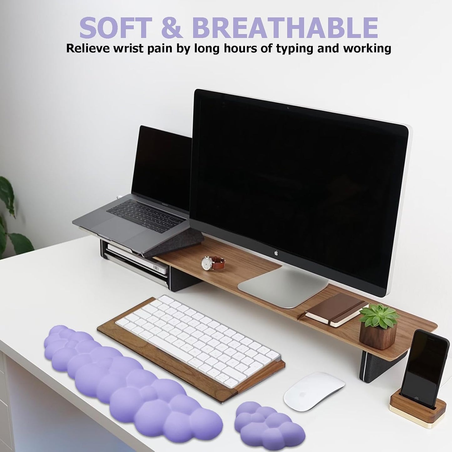 Ergonomic Keyboard Wrist Rest, PU Leather Memory Foam Cloud Wrist Rest for Computer Keyboard, Mouse Wrist Rest and Keyboard Pad for Gaming, Office, Computer, Laptop, Typing Pain Relief, Pastel Pink