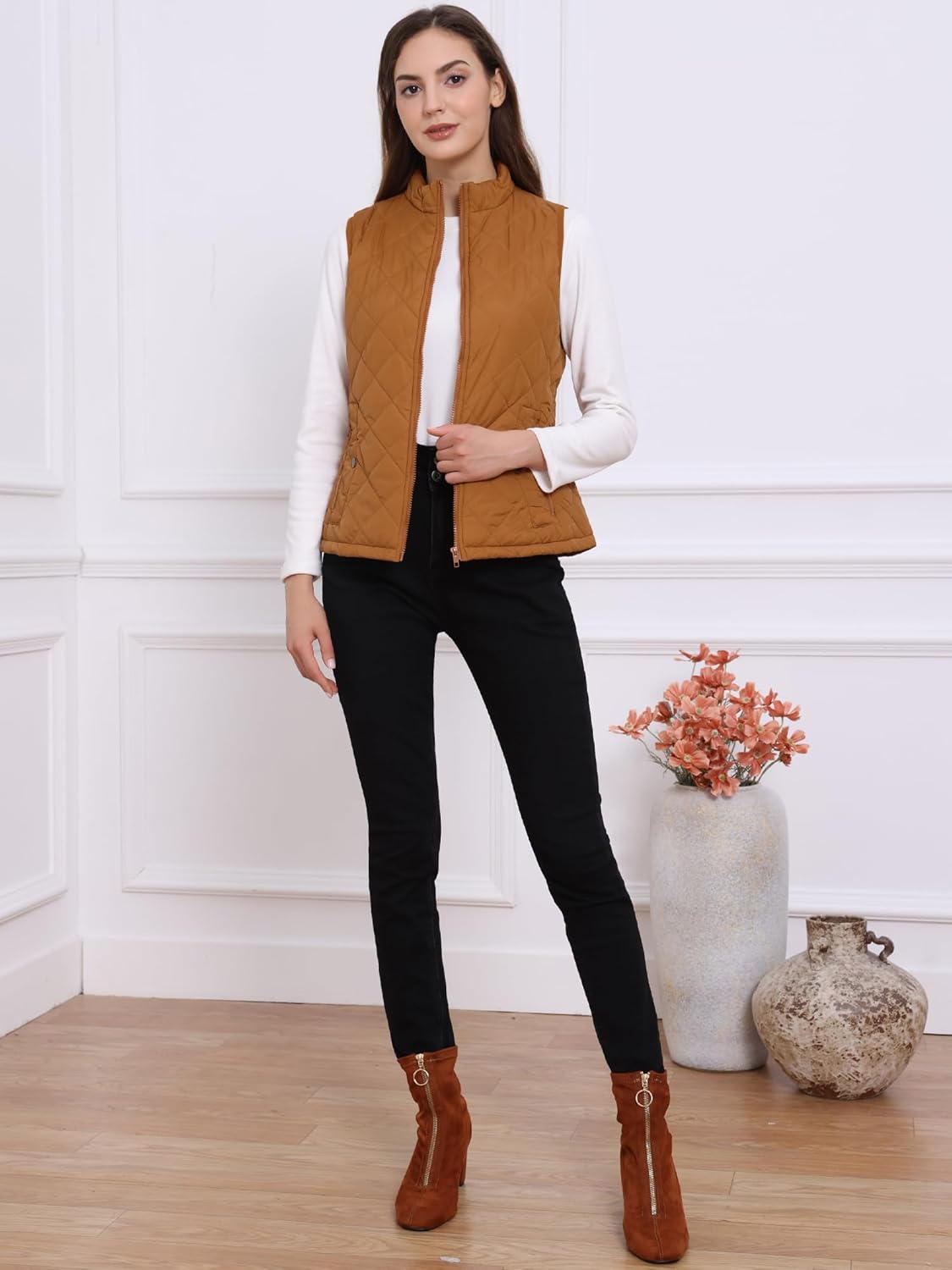 Allegra K Women's Puffer Vest Stand Collar Lightweight Gilet Quilted Zip Vest