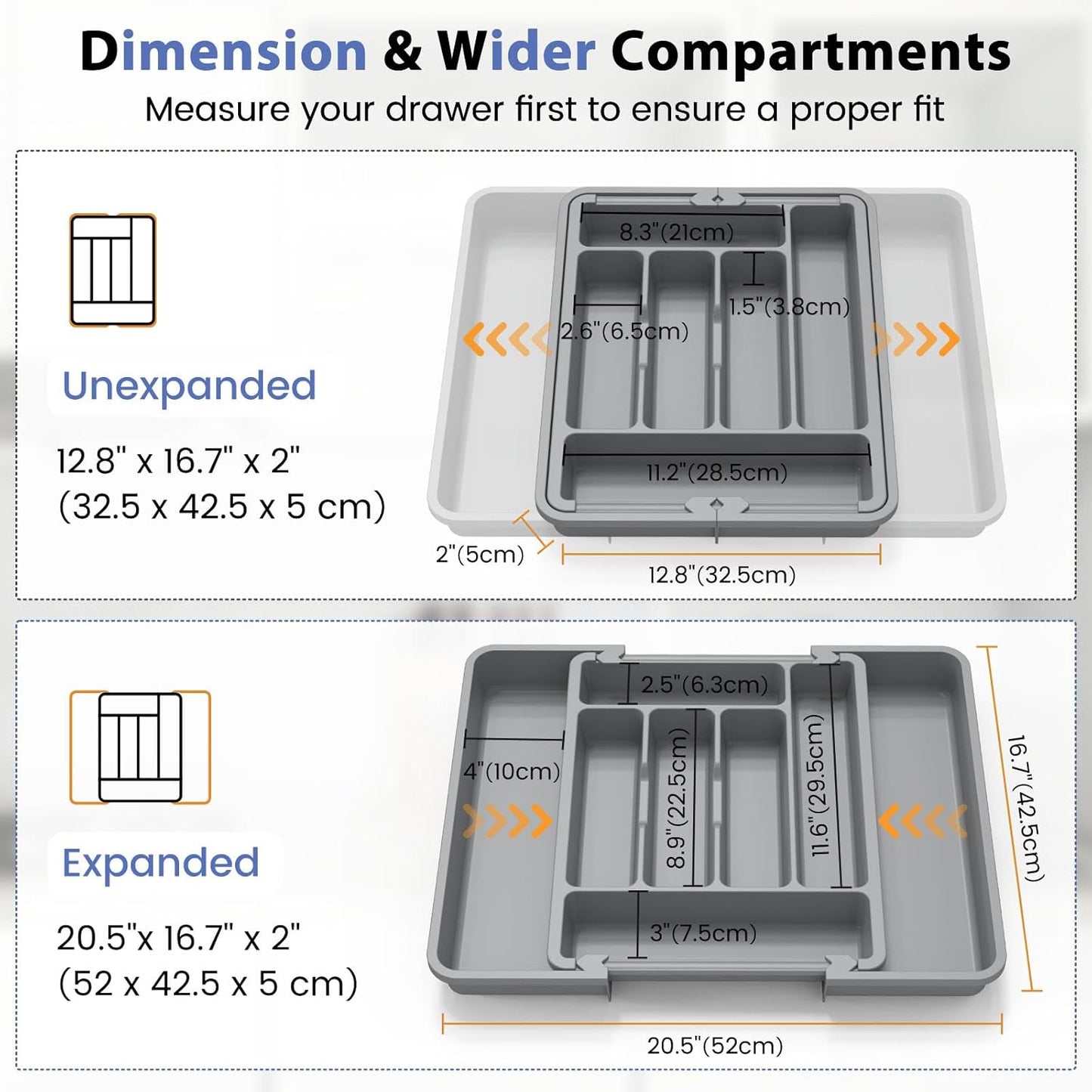 Caperci Large Silverware Organizer for Kitchen Drawer & Utensils - Expandable Drawer Organizer for Cutlery, Flatware & Gadget, BPA-Free Thick Plastic, Wider Compartments & Non-skid Feet (Tofu)