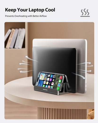 AboveTEK Vertical Laptop Stand, 3 Slots Aluminum Desk Laptop Holder & Laptop Docking Station Stand for MacBook, Tablet, Phone - Universal Fit (Up to 17.3") - Heavy Duty Polished, Anti Slide - Silver