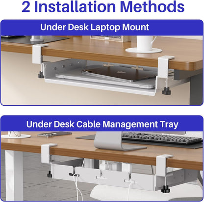 BYMECOST No Drill Under Desk Storage Shelf, Metal Under Desk Drawer Organizer with Clamp, Mount Under Desk Shelf Adds Tray, Desk Drawer for Office Desks, Table, Gaming Desk, Workstations (White)
