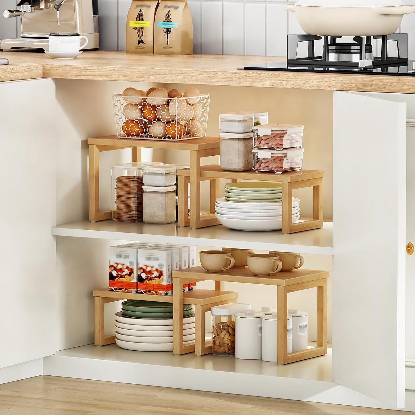 HOOBRO Cabinet Organizer Shelf, Set of 2 Kitchen Counter Shelves, Expandable Kitchen Storage, Stackable Bamboo Spice Rack, for Kitchen, Countertop, Office Desk, Living Room, Mocha MA20TL01