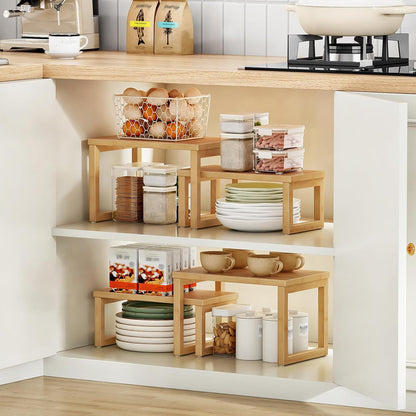 HOOBRO Cabinet Organizer Shelf, Set of 2 Kitchen Counter Shelves, Expandable Kitchen Storage, Stackable Bamboo Spice Rack, for Kitchen, Countertop, Office Desk, Living Room, Mocha MA20TL01