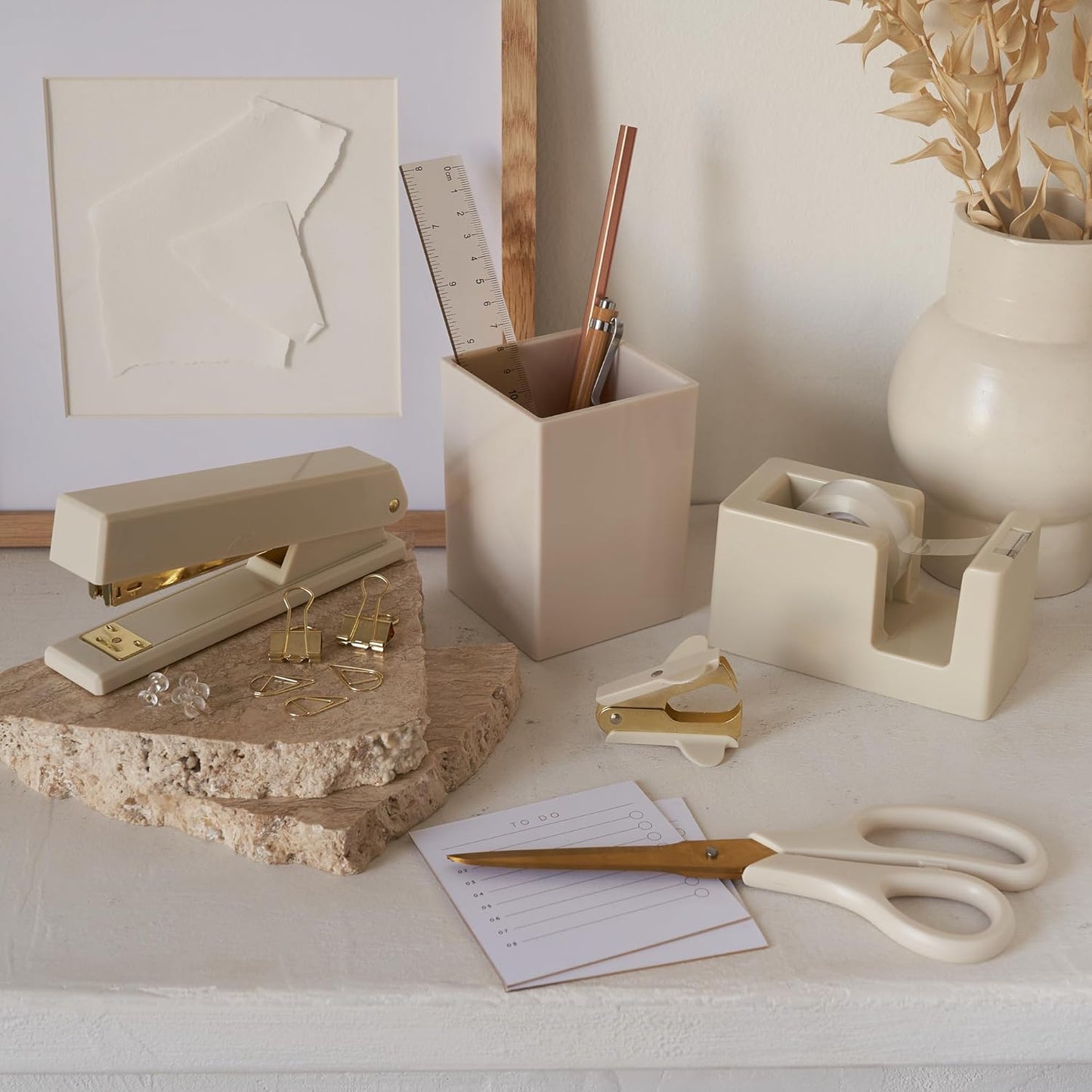Aesthetic Desk Accessories Set - A Complete Desktop Organizer Set For Women Enhances Any Office Decor - An Office Supplies Kit w Gold Finish incl. Pen Holder, Scissors, Stapler, Tape Dispenser & More