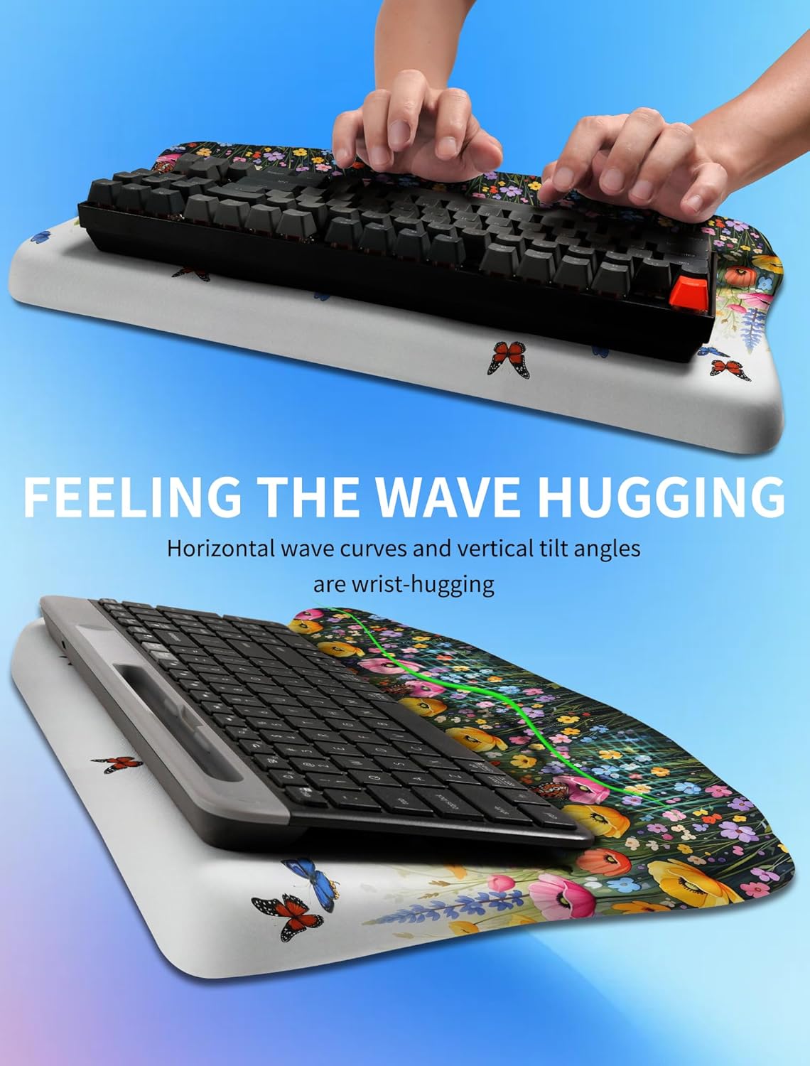 Ergonomic Wave Wrist Rest with Keyboard Stand, Cushioned Palm Rest, Comfortable Integrated Memory Foam for Natural Typing and Relieve Wrist Pain, Dark Night Black