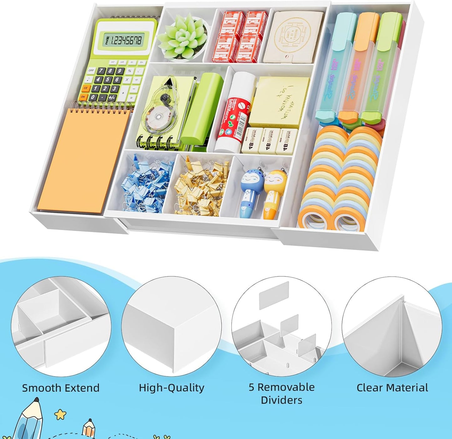 Marbrasse Expandable Desk Drawer Organizer, Clear Plastic Drawer Organizer Tray with 10 Adjustable Compartments, Desk Organizers and Accessories, 5 Drawer Dividers for Office Supplies, Makeup(Black)