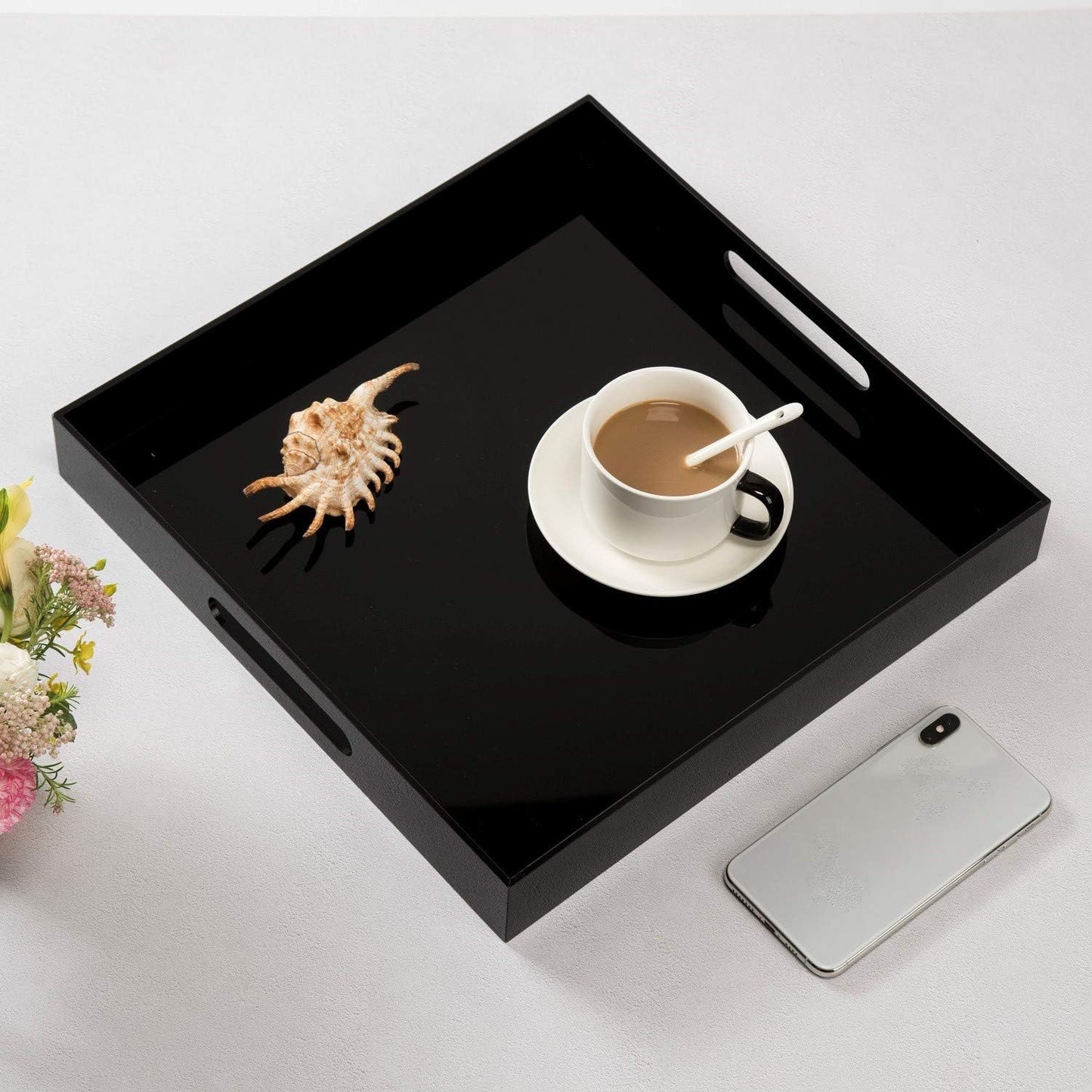 KEVLANG Clear Sturdy Acrylic Serving Tray with Handles-12x16Inch-Serving Coffee,Appetizer,Breakfast,Butler-Kitchen Countertop -Makeup Drawer Organizer-Vanity Table -Ottoman