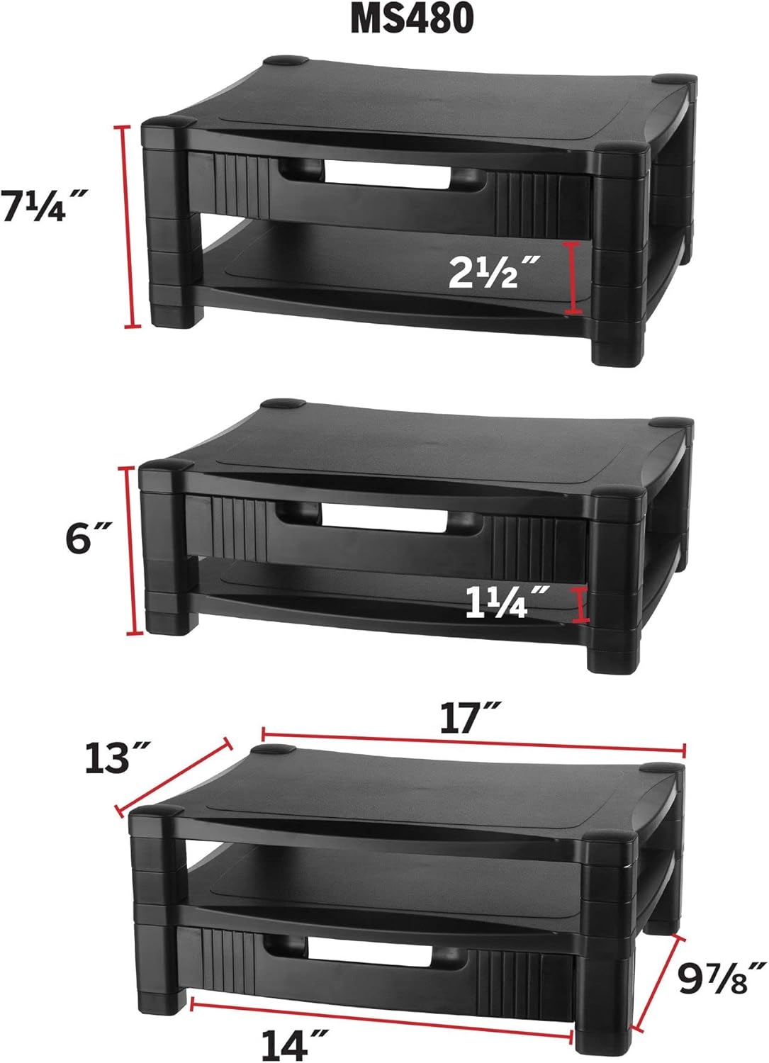 Kantek Single-Level Monitor Stand, 17" X 13.25" X 3" To 6.5", Black, Supports 50 Lbs