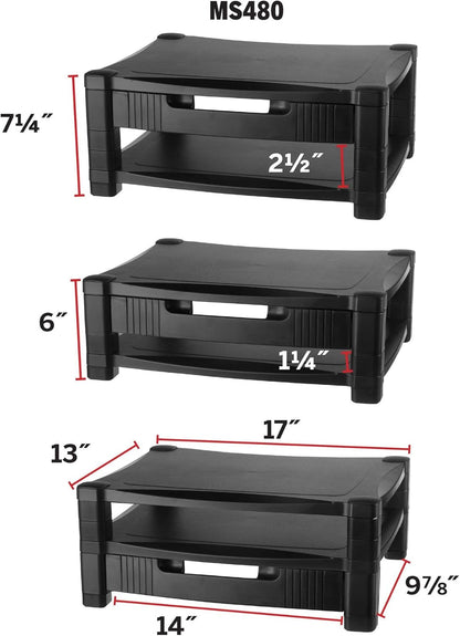 Kantek Single-Level Monitor Stand, 17" X 13.25" X 3" To 6.5", Black, Supports 50 Lbs