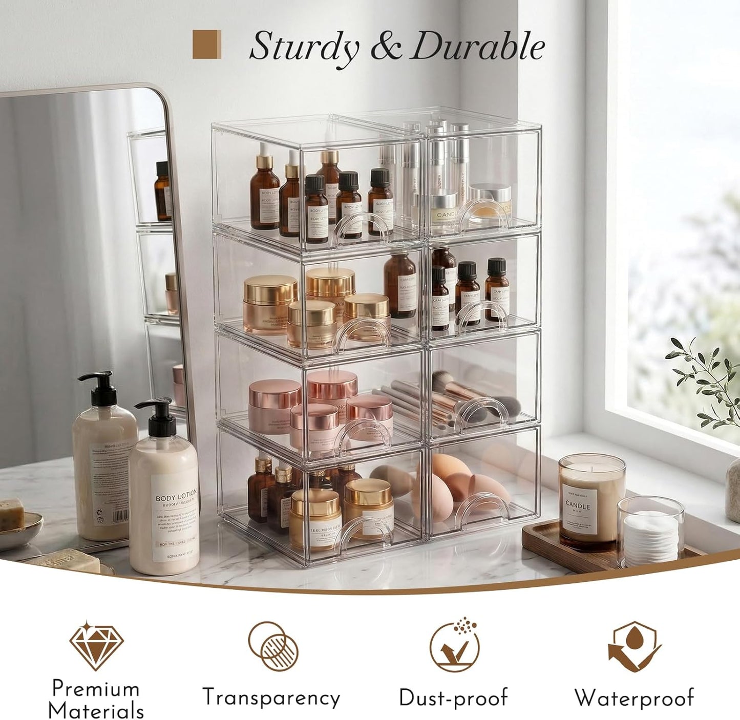 8 Pack Clear Stackable Acrylic Storage Boxes Storage Drawers, Storage Organizer, Clear Plastic Makeup Organizer, Ideal for Vanity, Cabinet, Desk Organization