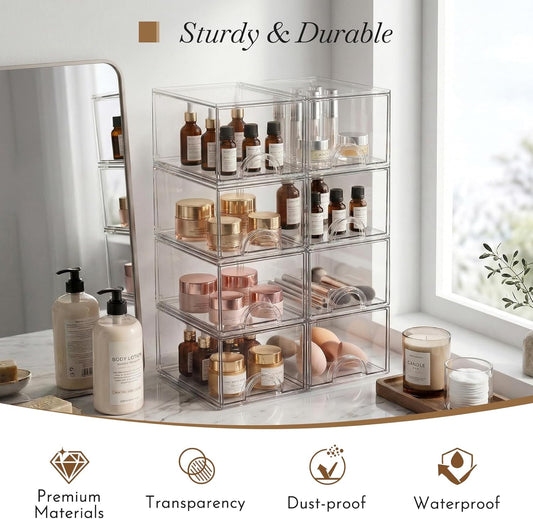 8 Pack Clear Stackable Acrylic Storage Boxes Storage Drawers, Storage Organizer, Clear Plastic Makeup Organizer, Ideal for Vanity, Cabinet, Desk Organization