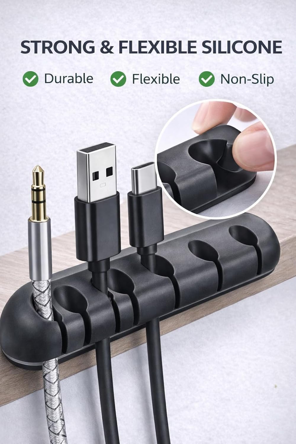 Cable Organizer Clips 2-Pack (5-Slot & 3-Slot) – Strong Adhesive Cord Holder for Desk, USB & Charging Cables, Silicone Wire Organizer for Home Office & Car – No-Drill, Keeps Cables Tidy