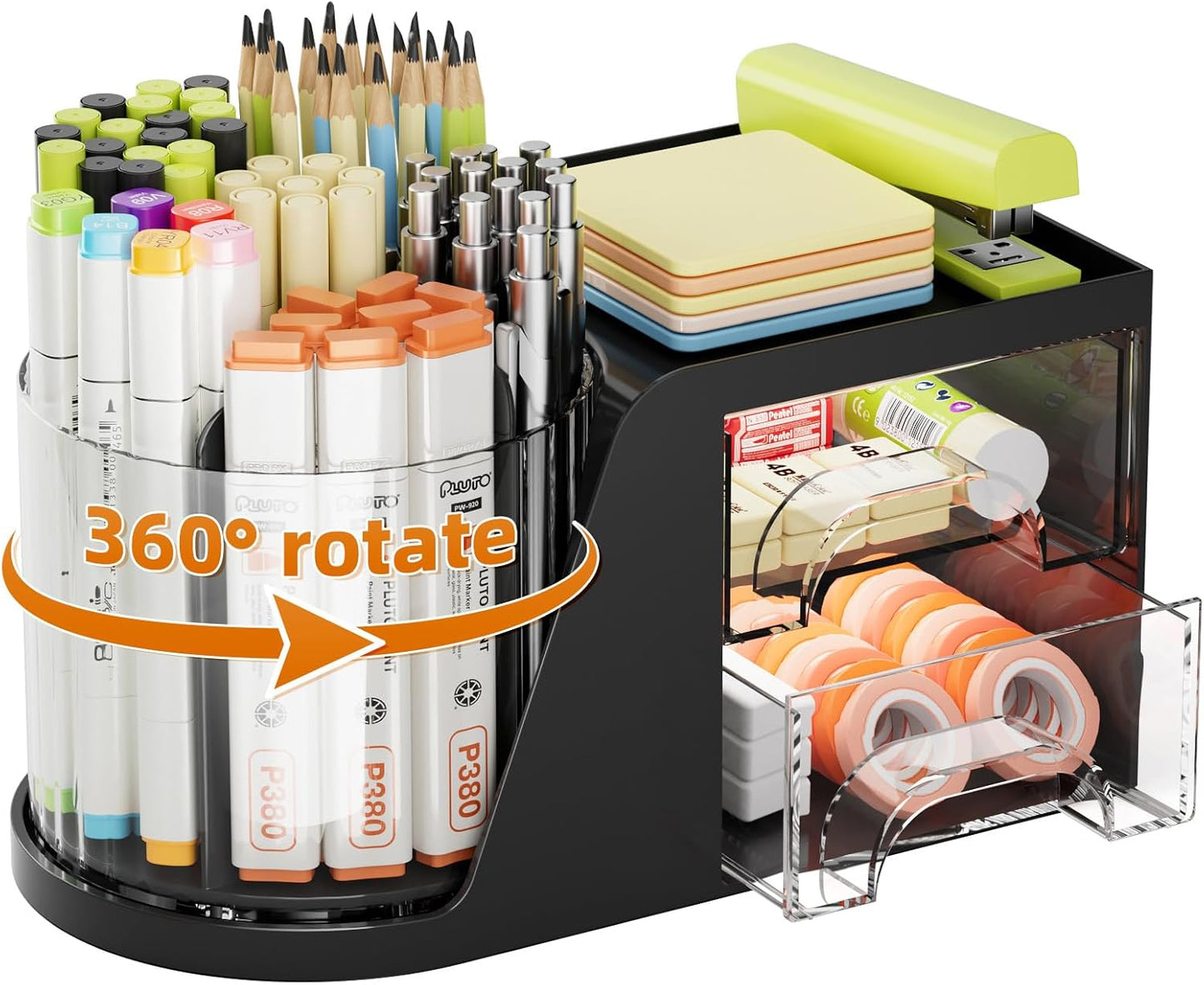 Marbrasse Desk Organizer with 2 Drawer, 360°Rotating Pen Holder, Desk Organizers and Accessories with 6 Slots Pencil Organizer + 2 Drawer, Art Supply Storage Box Caddy for Office (White)