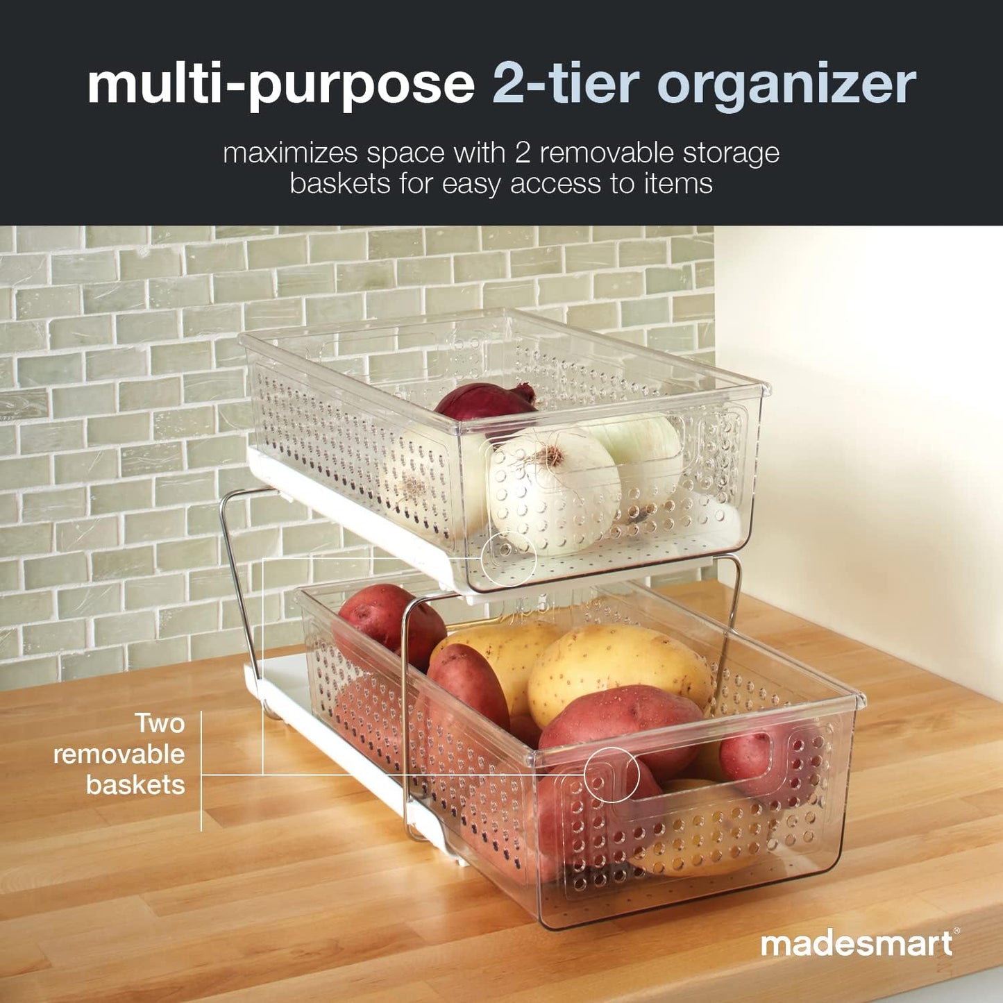 madesmart Two-Tier Bathroom Cabinet Organizer, Sliding Drawer Storage for Bottles, Sponges & Cleaning Supplies, Blue