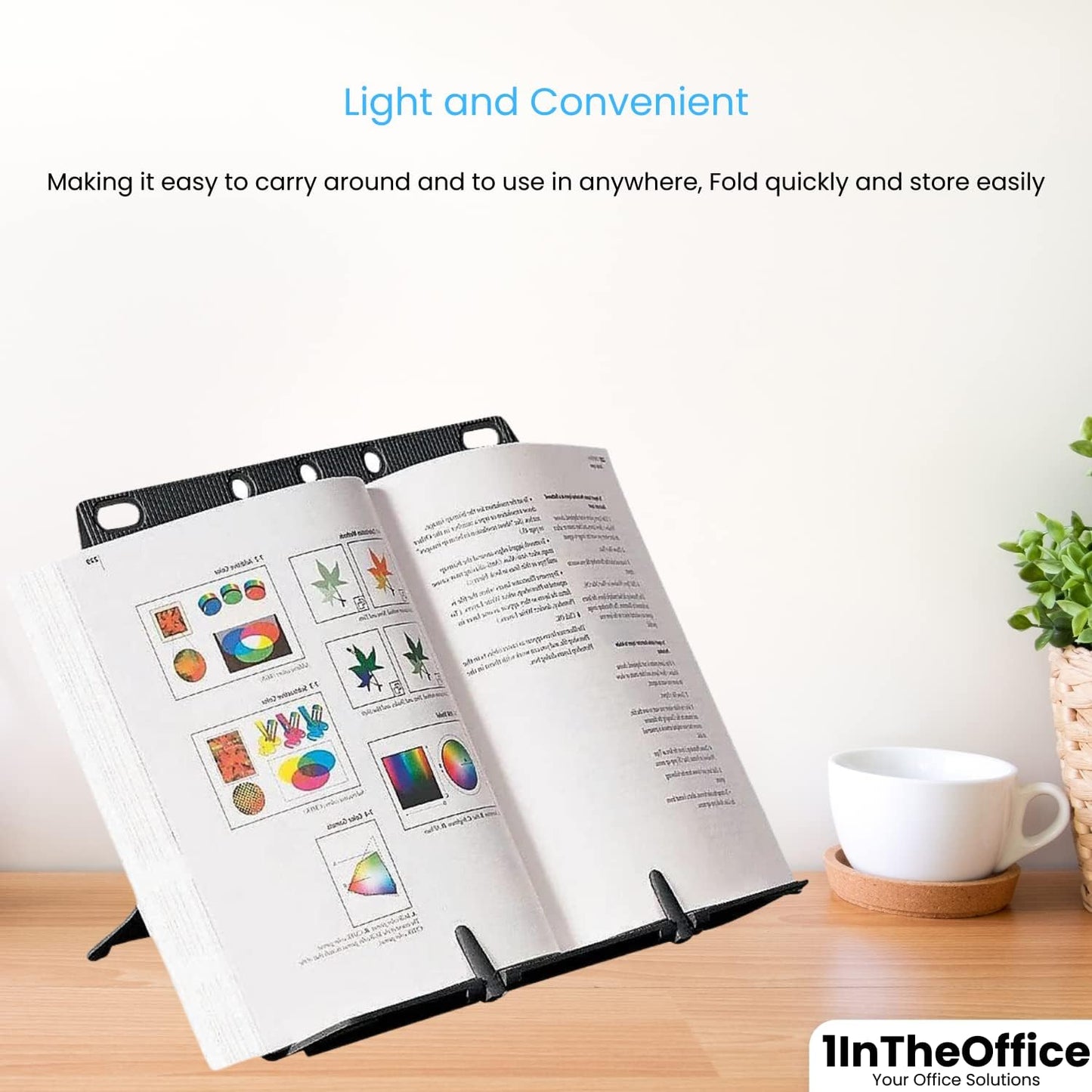 1InTheOffice Book Stand, Collapsible Stand, Booklift, Foldable Lightweight Book Rest, Cookbook, Recipe, Tablet, Music Book, Documents (Black)