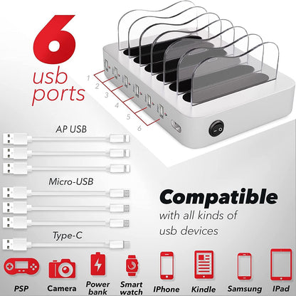 USB Charging Station - 6 Port Universal Charging Station for Multiple Devices - Multi Device Charger Dock - Compatible with Apple, iPad, iPhone, Android Cell Phones, and Tablets - Black