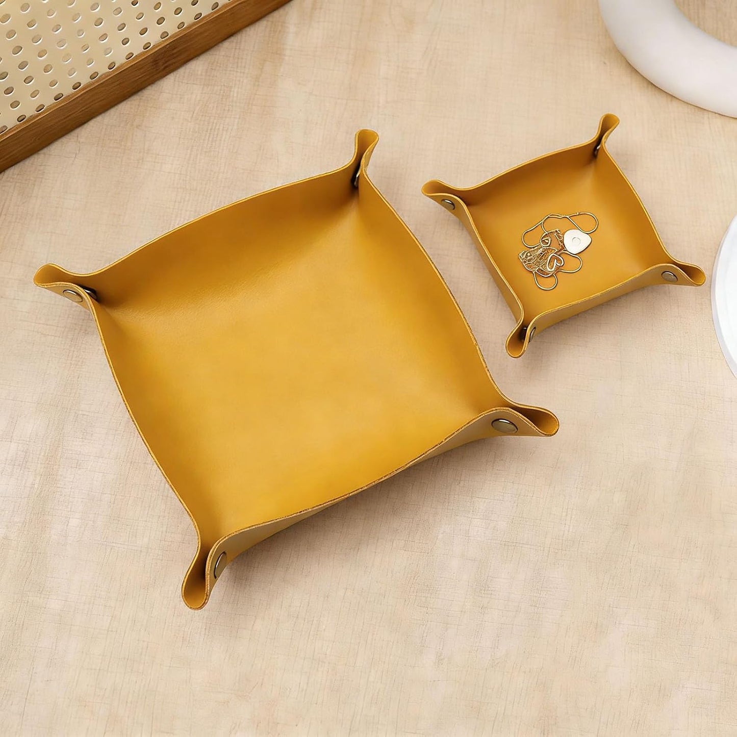 2 Size PU Leather Valet Trays,Square Desk Organizer Catchall Tray Set,Folding Travel Organizer,Jewelry Key Cosmetic Storage Tray for Entryway Dresser Desktop(Yellow)