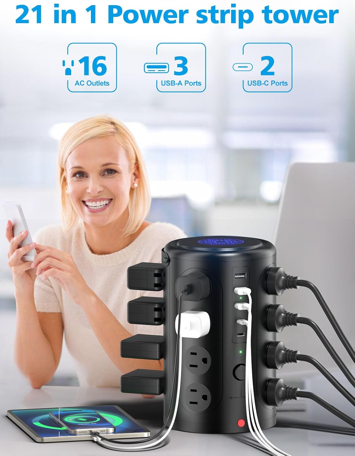 Surge Protector Power Strip - Desk Charging Station with 15W Wireless Charger, Multiple Outlets Charging Station with 16 2300J AC Outlets & 5 USB (2 USB C) Port, for Home, Office, Dorm Room