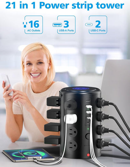Surge Protector Power Strip - Desk Charging Station with 15W Wireless Charger, Multiple Outlets Charging Station with 16 2300J AC Outlets & 5 USB (2 USB C) Port, for Home, Office, Dorm Room